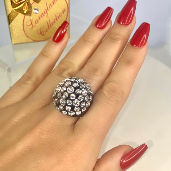 Women’s Black Acrylic Ring Embellished With Swarovski Crystal Stones, Dome Shape - Picture 12 of 15